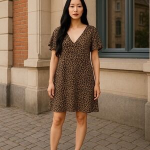 Dear Apple Leopard Print Dress V Neck Short Sleeve‎ Casual Tan Brown Size Large